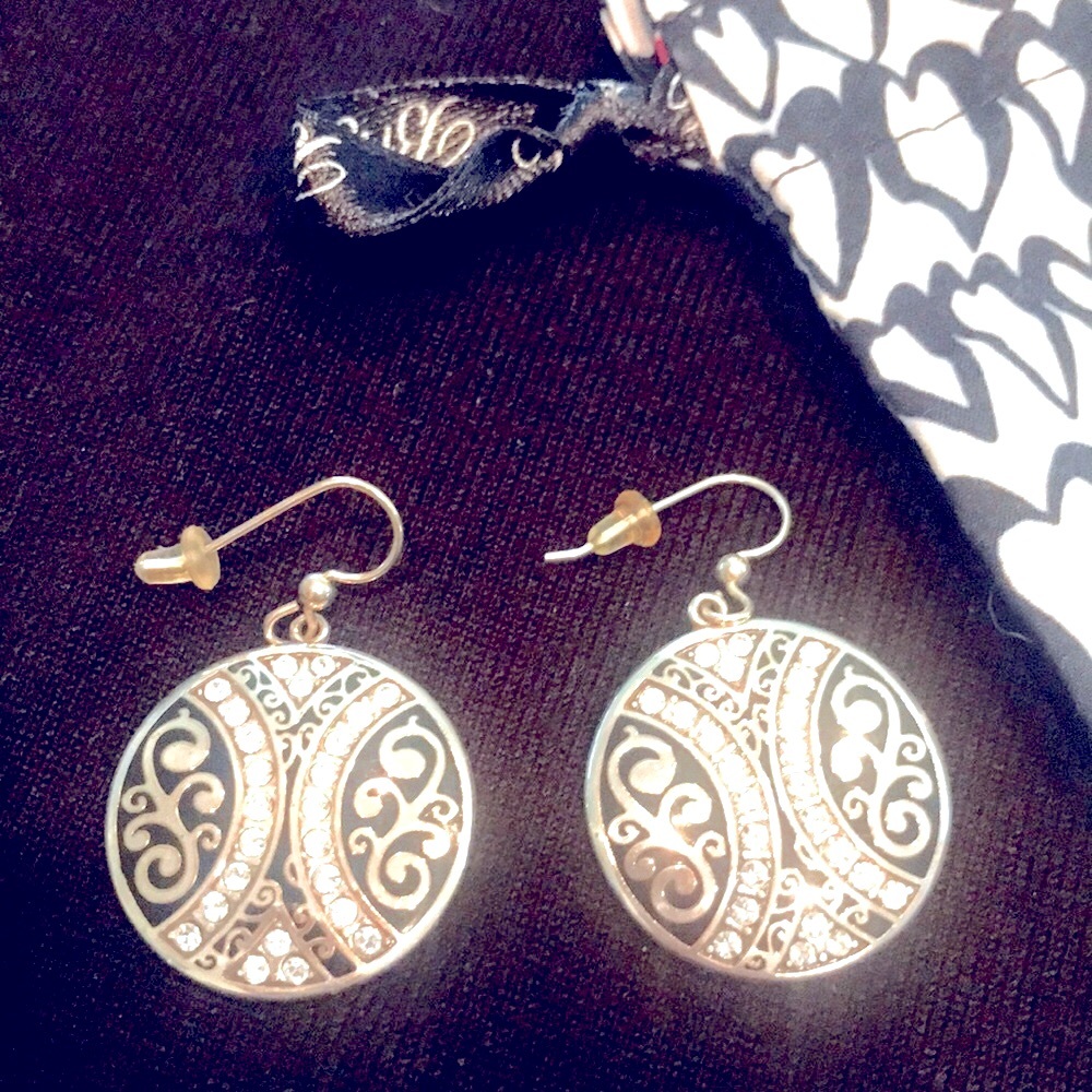 Brighton Enamel Black and Crystal Silver 1-1/8th" Disc Earrings